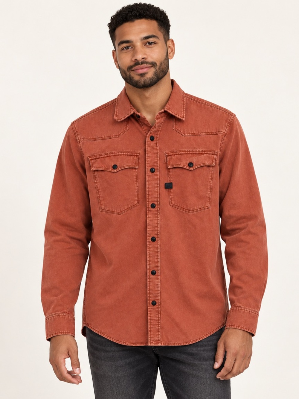 G-Star RAW Men’s Burnt Orange Denim Overshirt Snap Front Size L